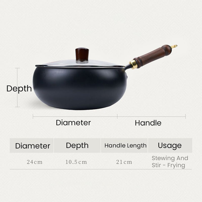 Uncoated Iron Cooking Pot with Glass Lid and Wooden Handle for All Hob Types