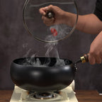 Uncoated Iron Cooking Pot with Glass Lid and Wooden Handle for All Hob Types