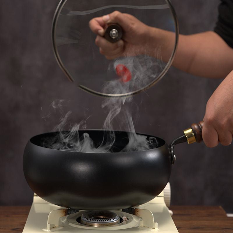 Uncoated Iron Cooking Pot with Glass Lid and Wooden Handle for All Hob Types