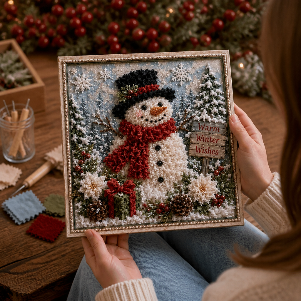 Christmas Yarn Art Kit Pre Punched Board with Wooden Tool No Sew Textured Craft Kit Snowman | Cardinal and Winter Cottage Designs for Mantel Decor