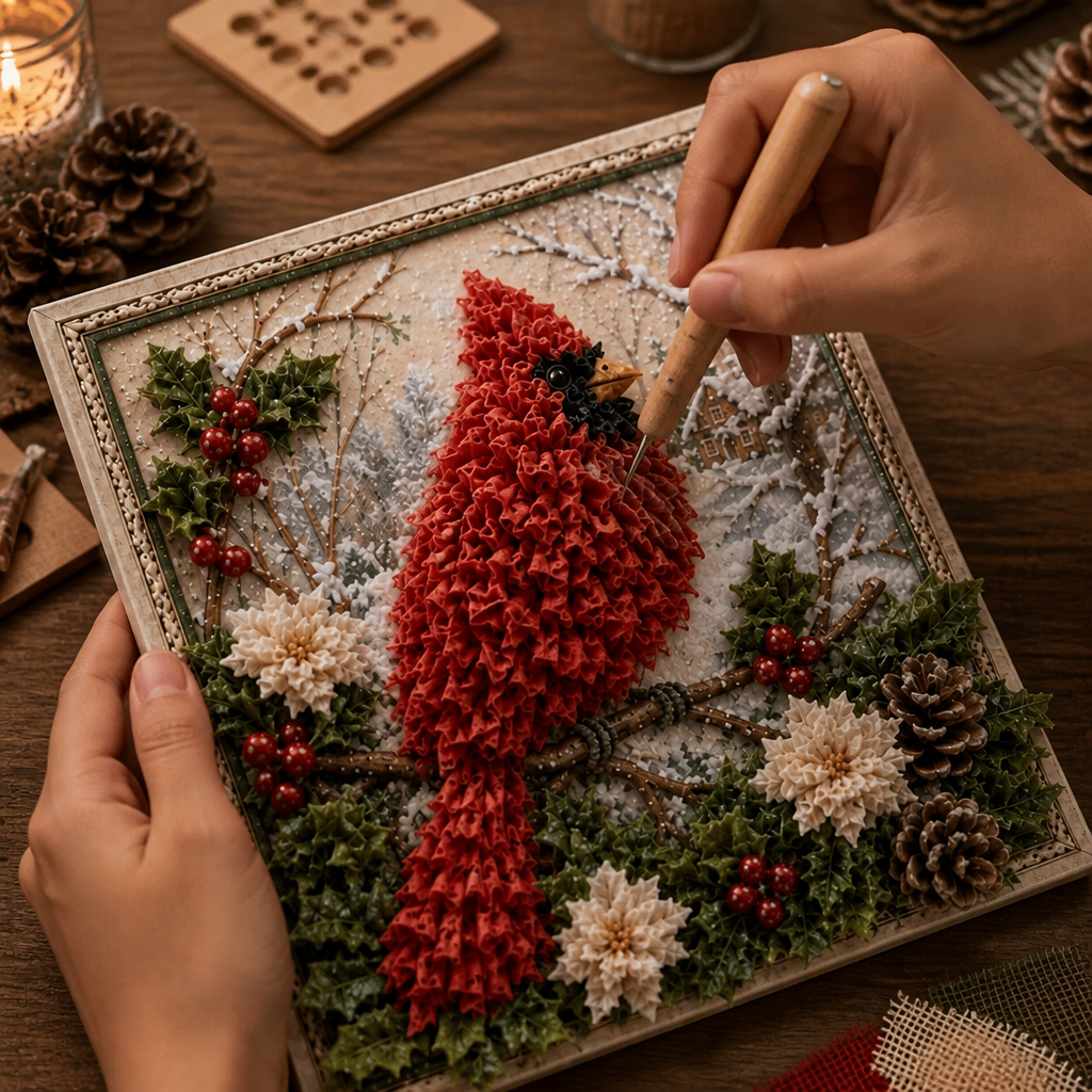 Christmas Yarn Art Kit Pre Punched Board with Wooden Tool No Sew Textured Craft Kit Snowman | Cardinal and Winter Cottage Designs for Mantel Decor