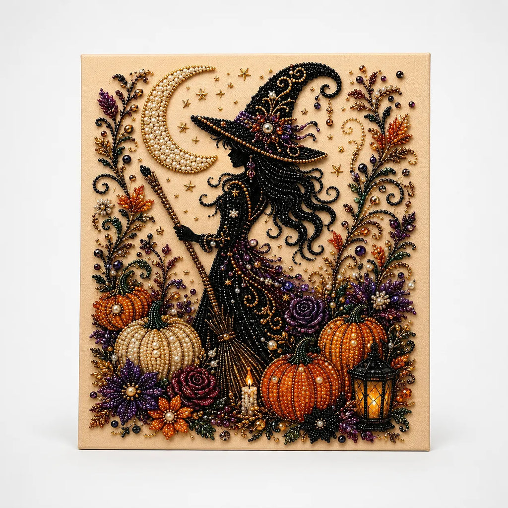 Halloween Bead Art Kit Pearl Bead Canvas Craft Kit with Numbered Self Adhesive Canvas Pumpkin | Ghost and Witch Designs DIY Wall Art