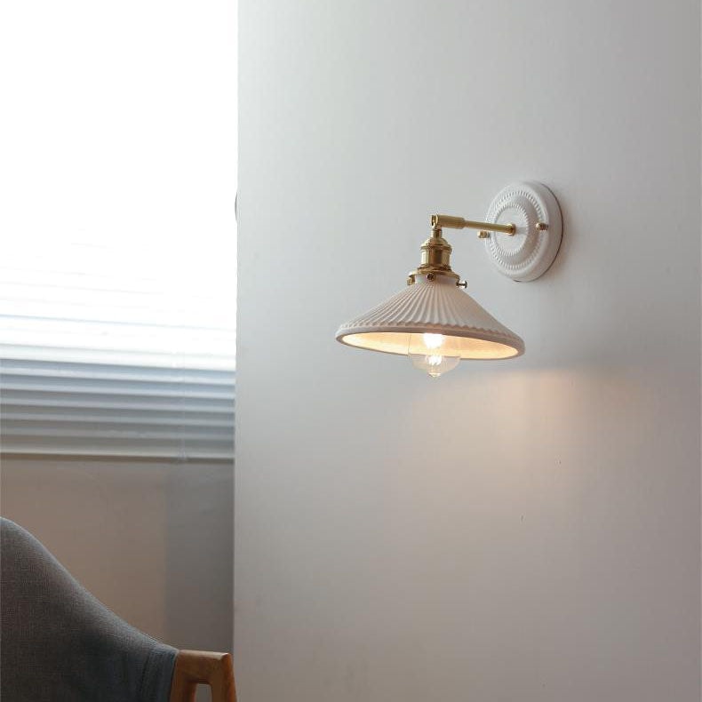 Vintage Ceramic Wall Light with Brass Swing Arm and Round Wall Plate