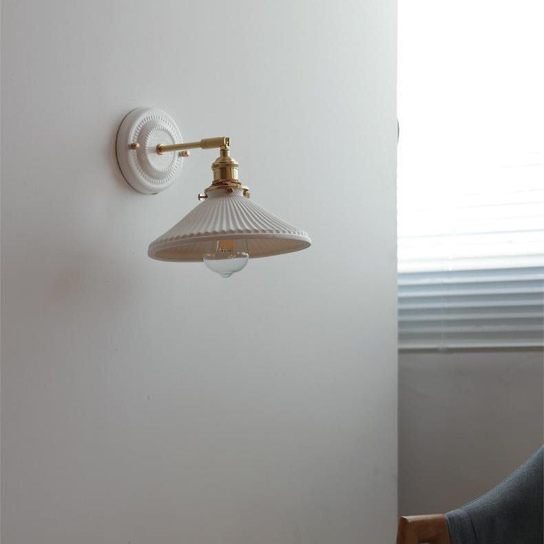 Vintage Ceramic Wall Light with Brass Swing Arm and Round Wall Plate