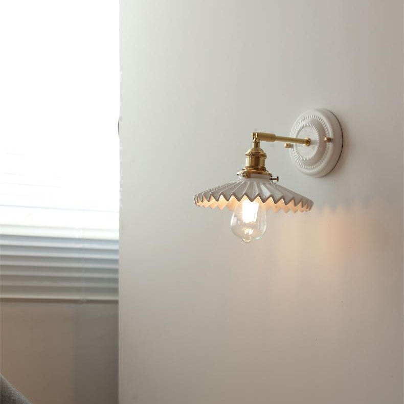 Vintage Ceramic Wall Light with Brass Swing Arm and Round Wall Plate