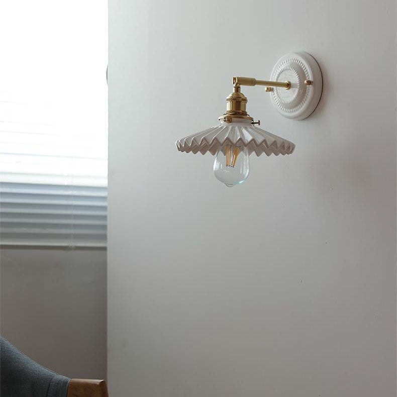 Vintage Ceramic Wall Light with Brass Swing Arm and Round Wall Plate