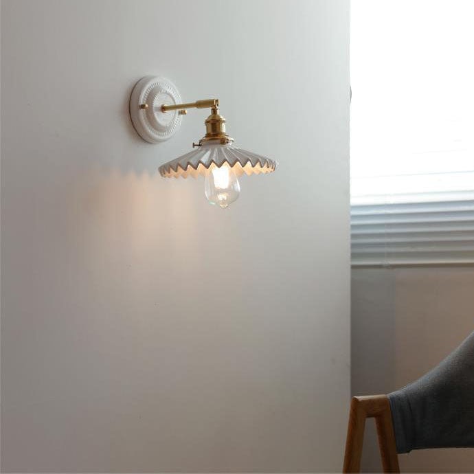Vintage Ceramic Wall Light with Brass Swing Arm and Round Wall Plate