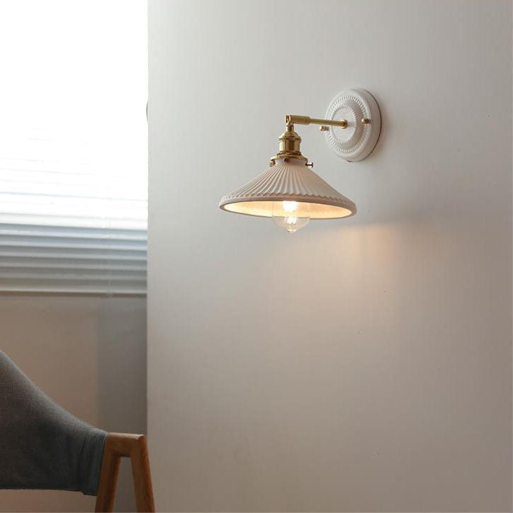 Vintage Ceramic Wall Light with Brass Swing Arm and Round Wall Plate