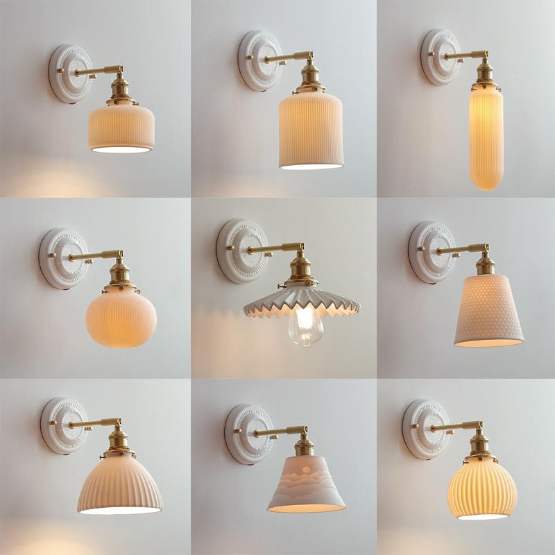 Vintage Ceramic Wall Light with Brass Swing Arm and Round Wall Plate