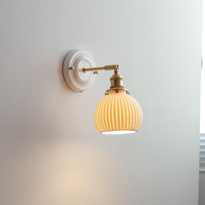 Vintage Ceramic Wall Light with Brass Swing Arm and Round Wall Plate