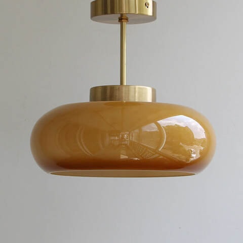 Vintage Glass Semi Flush Mount Ceiling Light with Brass Stem for Bedroom