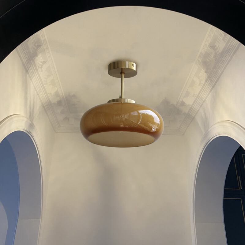 Vintage Glass Semi Flush Mount Ceiling Light with Brass Stem for Bedroom