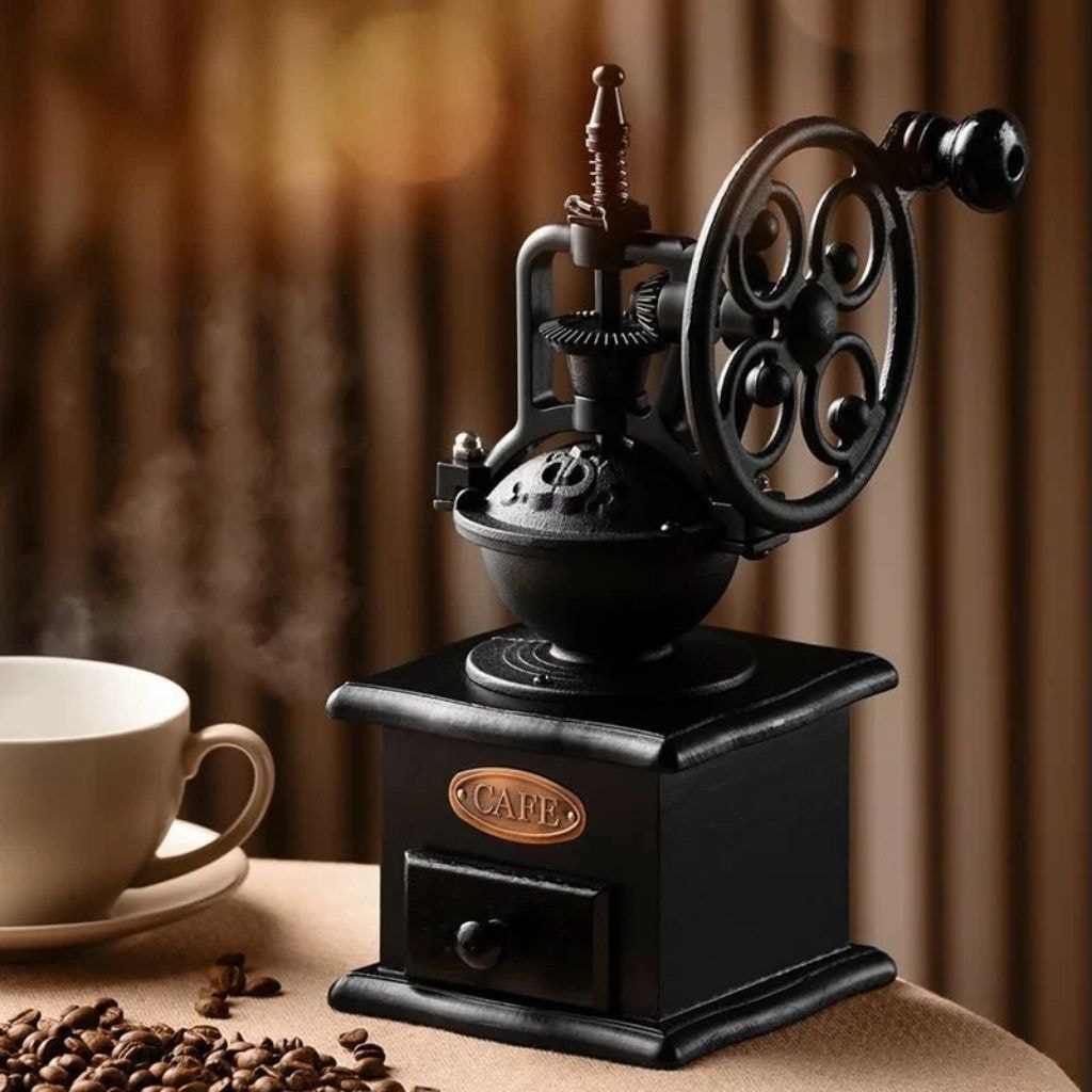 Vintage Metal Hand Crank Coffee Grinder with Ceramic Burr and Wooden Drawer