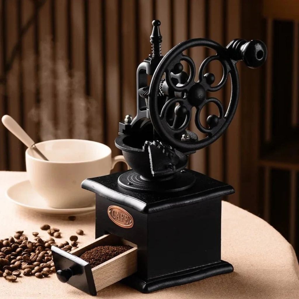 Vintage Metal Hand Crank Coffee Grinder with Ceramic Burr and Wooden Drawer