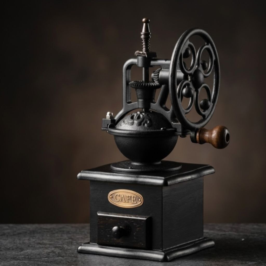 Vintage Metal Hand Crank Coffee Grinder with Ceramic Burr and Wooden Drawer