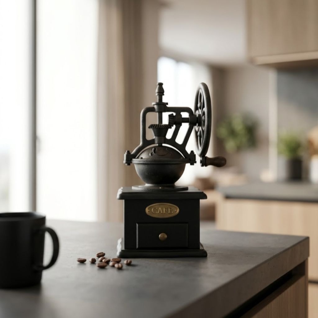 Vintage Metal Hand Crank Coffee Grinder with Ceramic Burr and Wooden Drawer