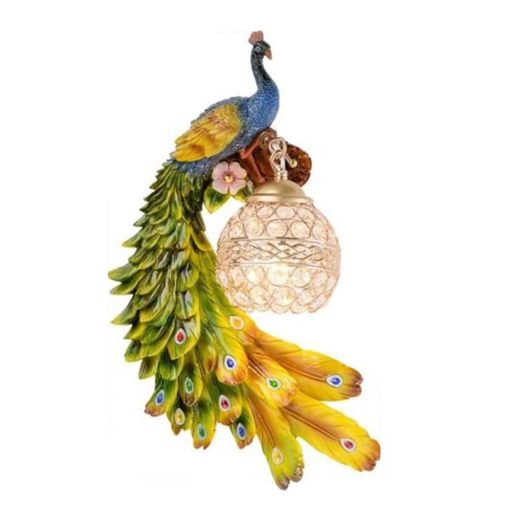 Vintage Resin Peacock Wall Light with Crystal Ball Shade for Living Room