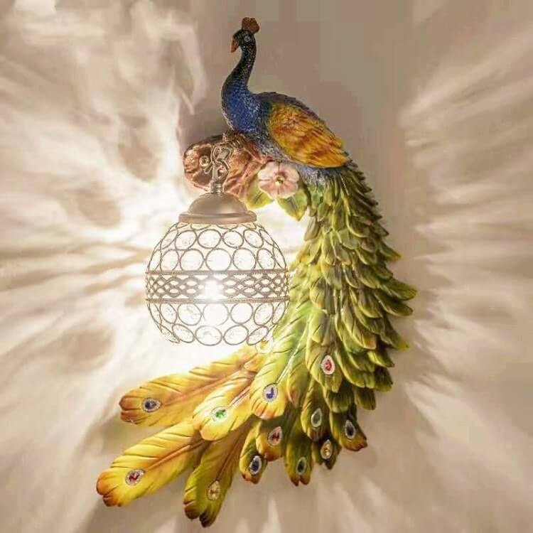 Vintage Resin Peacock Wall Light with Crystal Ball Shade for Living Room