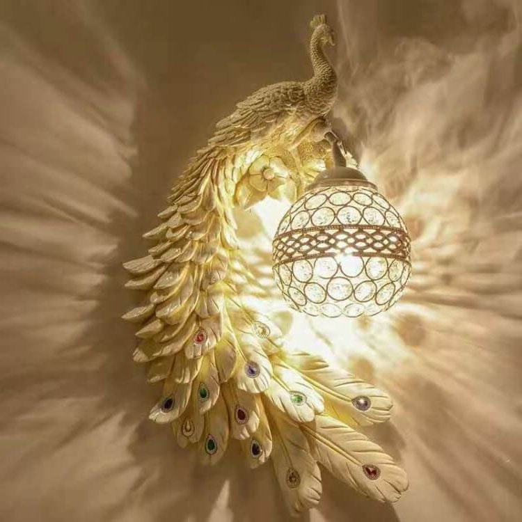 Vintage Resin Peacock Wall Light with Crystal Ball Shade for Living Room
