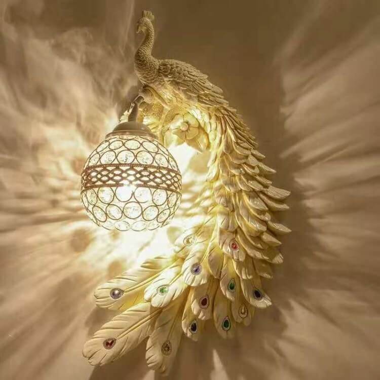 Vintage Resin Peacock Wall Light with Crystal Ball Shade for Living Room