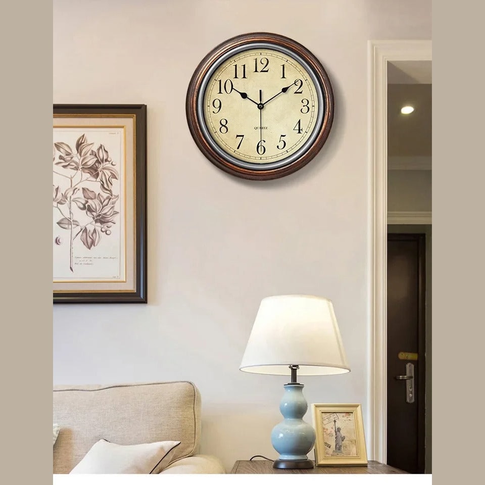 Vintage Round Wall Clock with Antique Finish Frame and Silent Quartz Movement