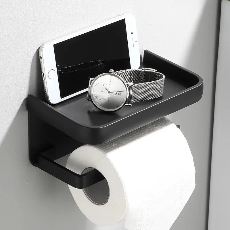 Wall Mounted Toilet Roll Holder with Phone Shelf in Rust Resistant Aluminium