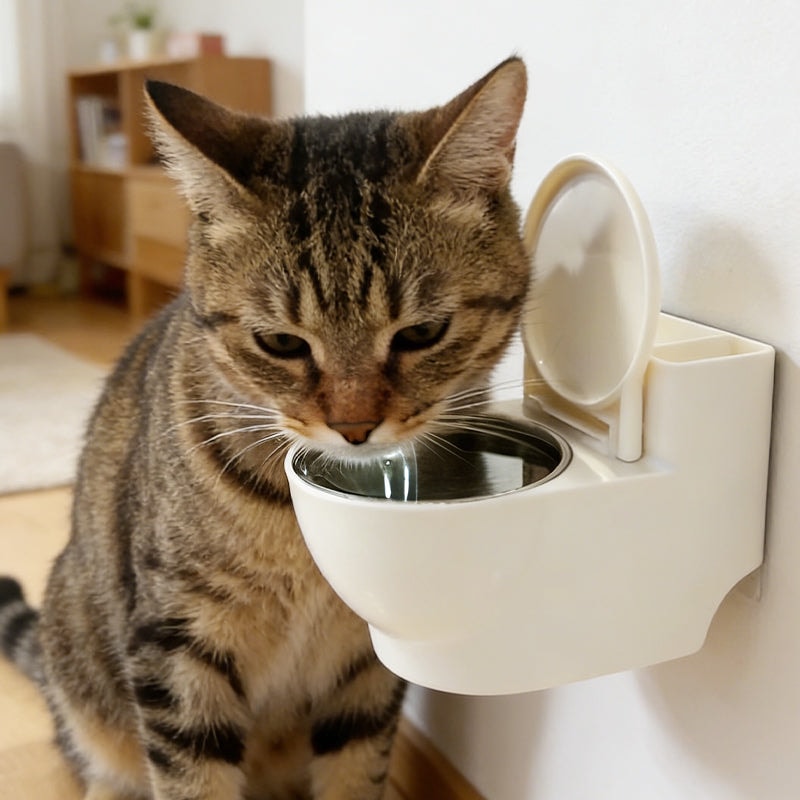 Wall Mounted Toilet Shaped Cat Water Bowl with Lid and Stainless Steel Insert