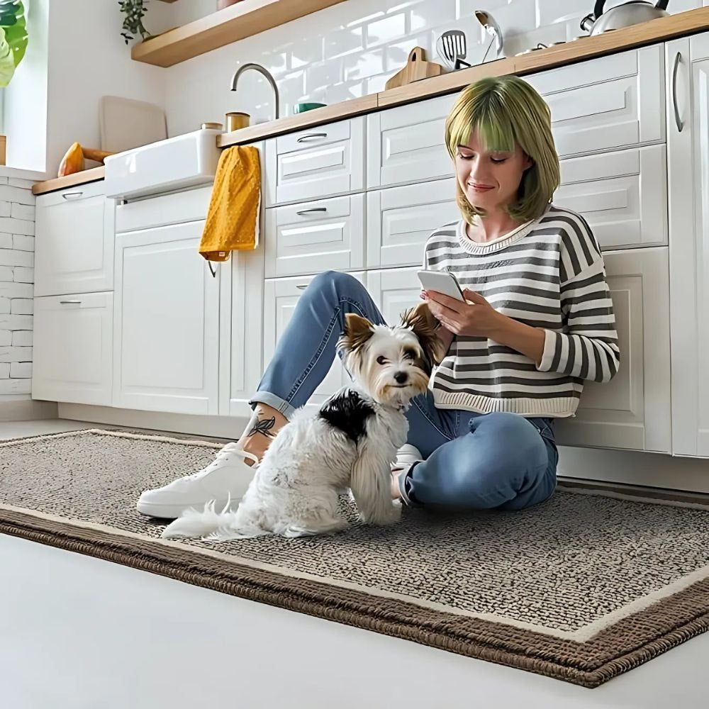 Washable Non Slip Kitchen Mat with Ribbed Texture and Contrast Border