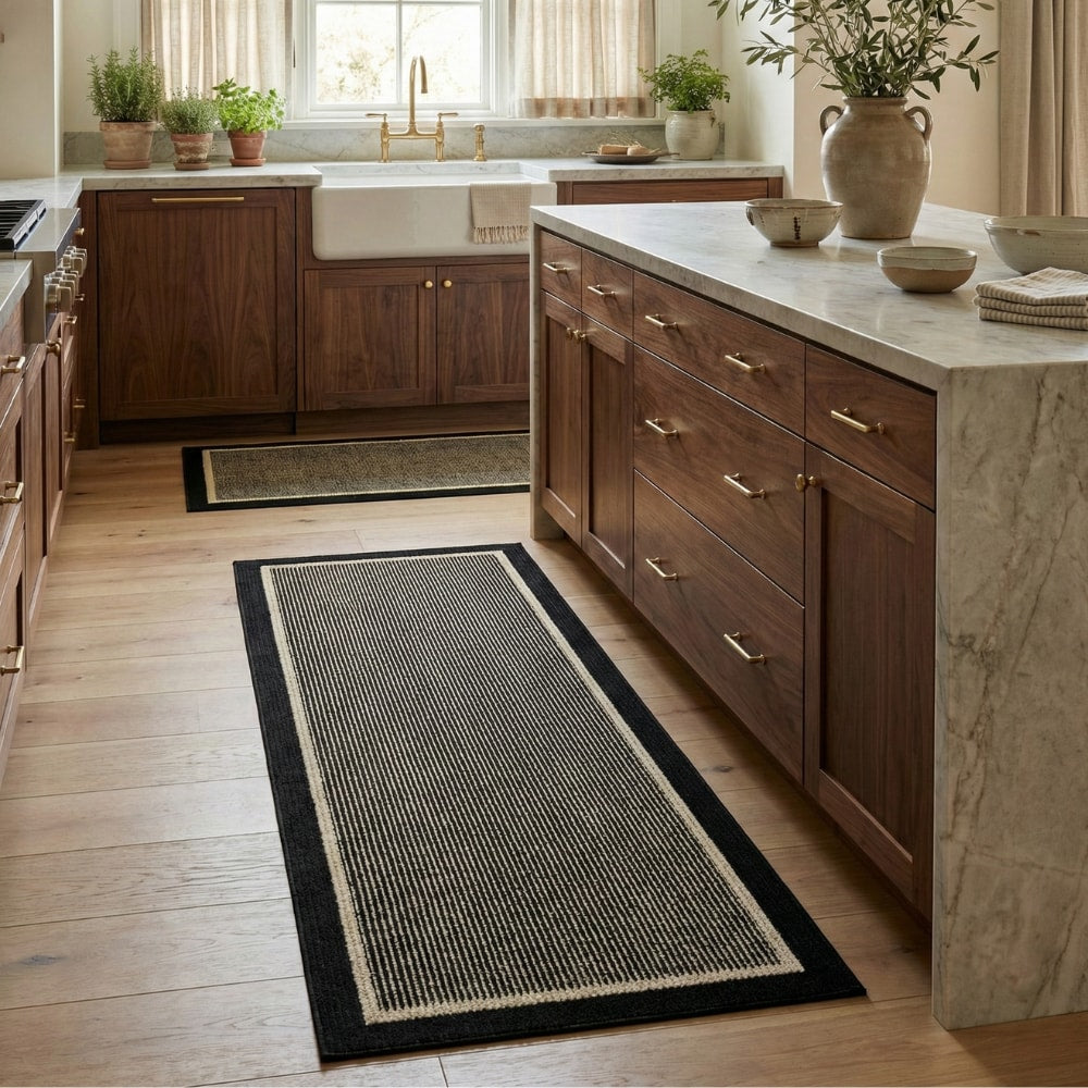 Washable Non Slip Kitchen Mat with Ribbed Texture and Contrast Border