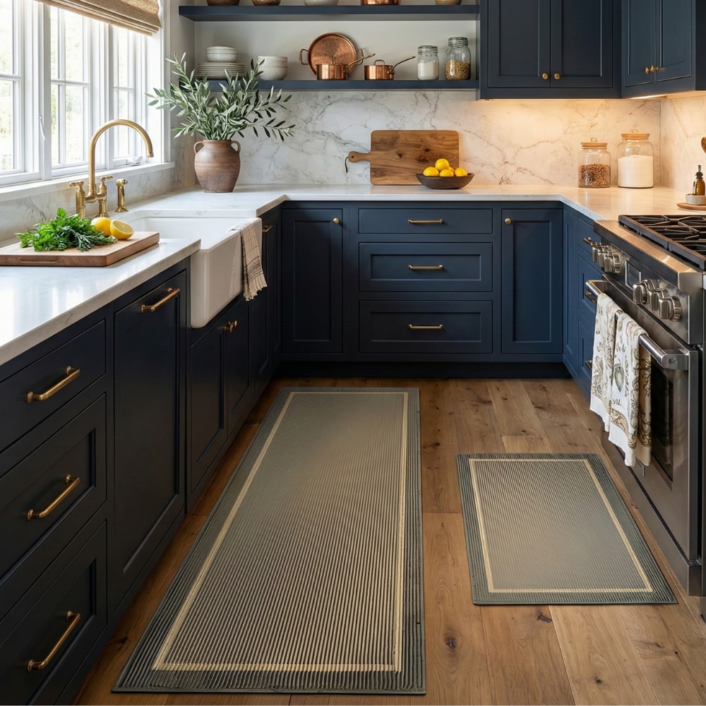 Washable Non Slip Kitchen Mat with Ribbed Texture and Contrast Border