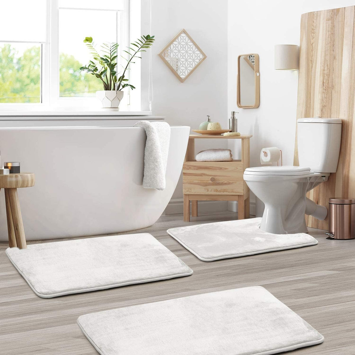 Memory Foam Bath Mat Set Three Piece Velvet Bathroom Rug Set with Contour Toilet Mat Absorbent Non Slip Machine Washable