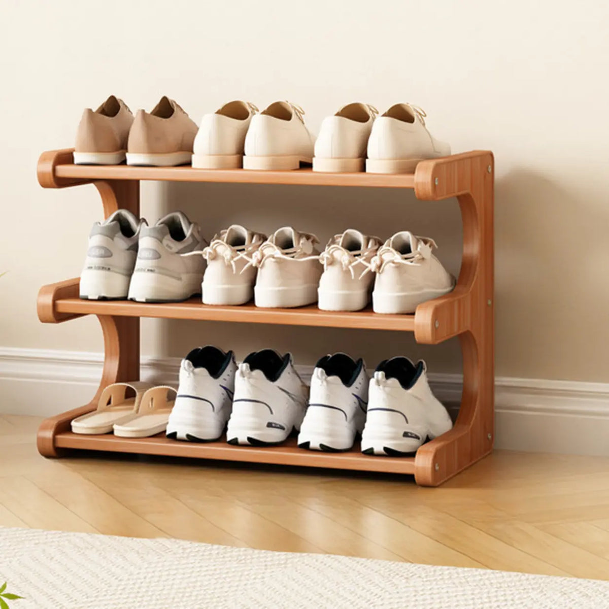 Wooden Shoe Rack with Curved Side Panels Open Freestanding Shoe Shelf Modern Bamboo Shoe Storage Organiser for Hallway | Entryway and Wardrobe