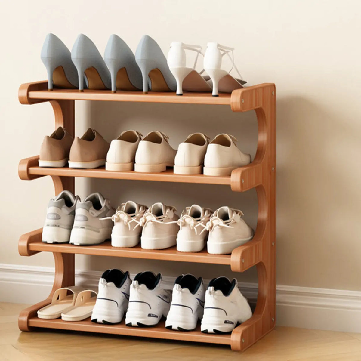 Wooden Shoe Rack with Curved Side Panels Open Freestanding Shoe Shelf Modern Bamboo Shoe Storage Organiser for Hallway | Entryway and Wardrobe