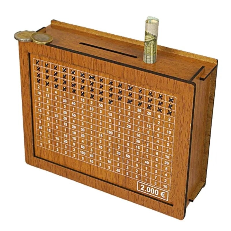 Wooden Money Box with Savings Challenge Grid to Tick Off for Saving Goals