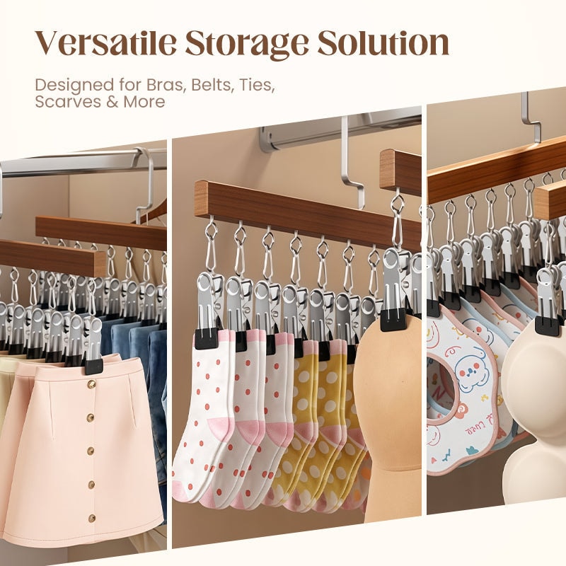 Wooden Multi Clip Hanger Set of Two with Swivel Hook for Socks Scarves and Ties