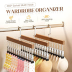 Wooden Multi Clip Hanger Set of Two with Swivel Hook for Socks Scarves and Ties