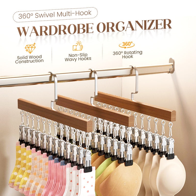 Wooden Multi Clip Hanger Set of Two with Swivel Hook for Socks Scarves and Ties