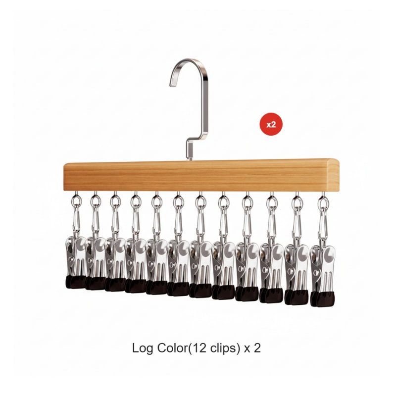 Wooden Multi Clip Hanger Set of Two with Swivel Hook for Socks Scarves and Ties