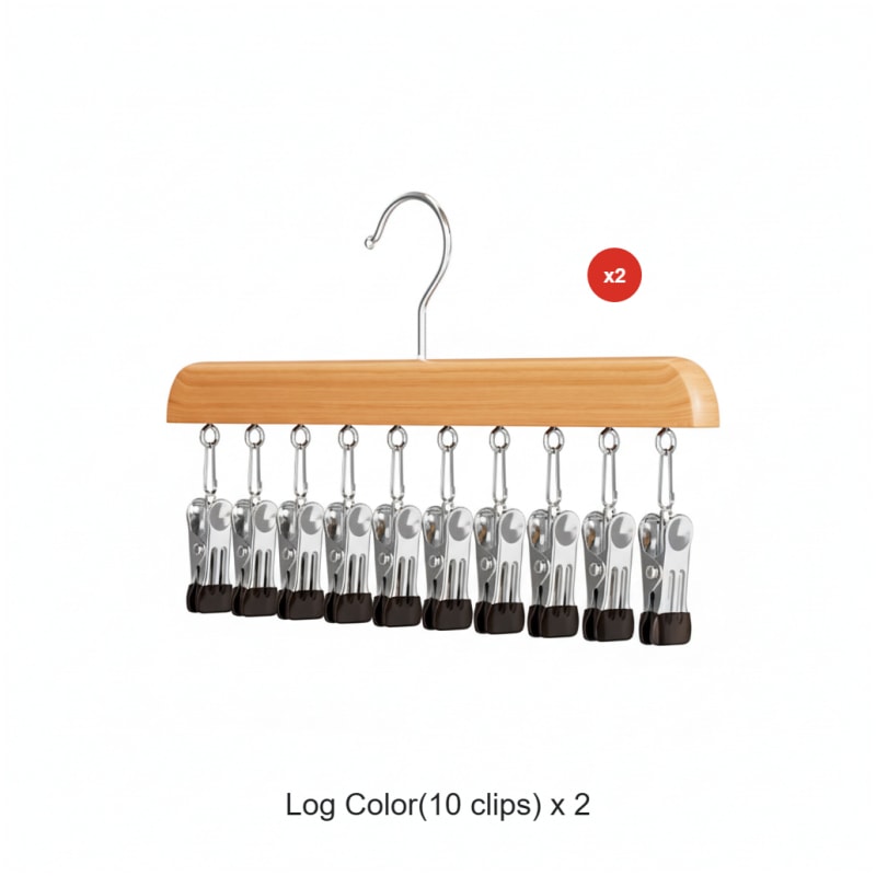 Wooden Multi Clip Hanger Set of Two with Swivel Hook for Socks Scarves and Ties