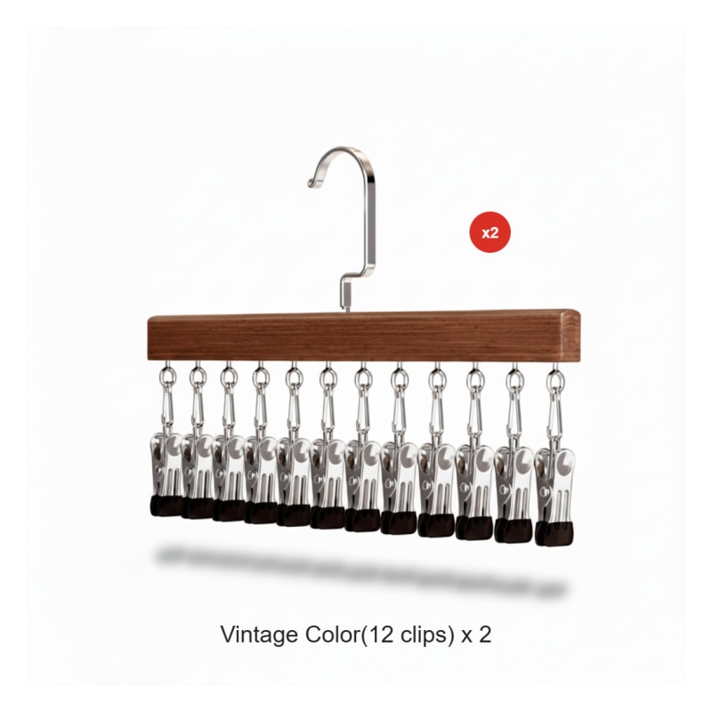 Wooden Multi Clip Hanger Set of Two with Swivel Hook for Socks Scarves and Ties