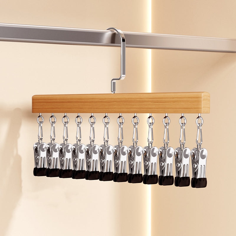 Wooden Multi Clip Hanger Set of Two with Swivel Hook for Socks Scarves and Ties