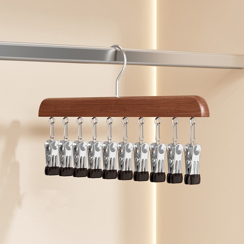 Wooden Multi Clip Hanger Set of Two with Swivel Hook for Socks Scarves and Ties