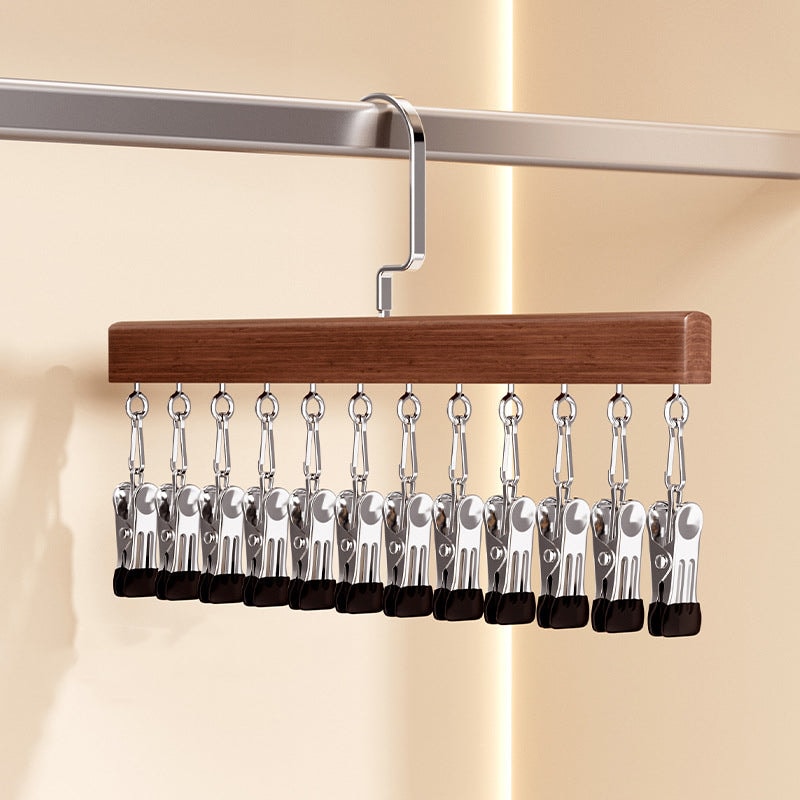 Wooden Multi Clip Hanger Set of Two with Swivel Hook for Socks Scarves and Ties